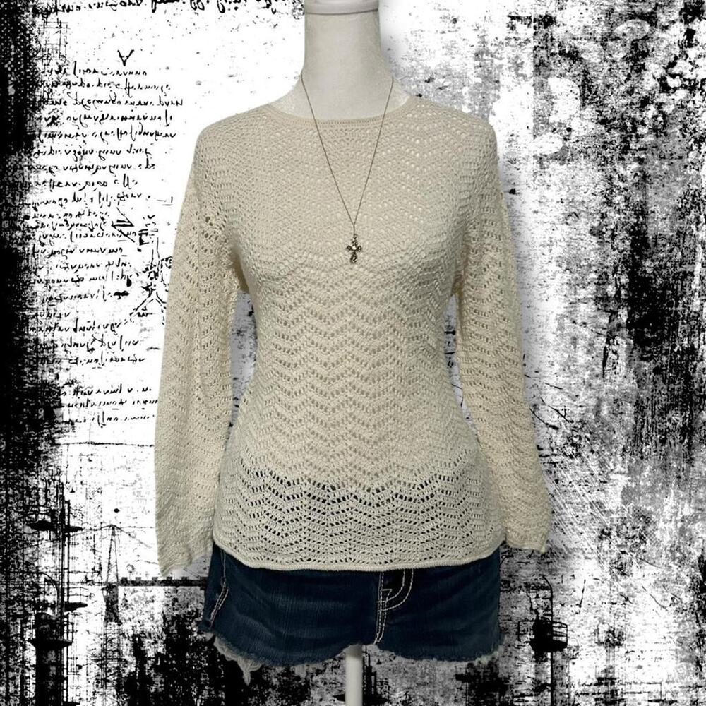 open-weave pattern ivory white see thru knit sweater top